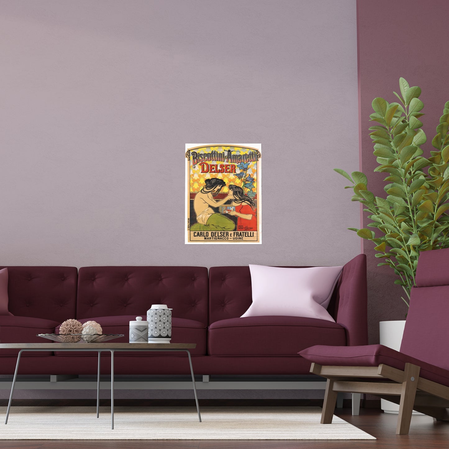 Vintage Poster Reproduction: Biscottini e Amaretti Delser Advertisement – Early 1900s Italian Art Nouveau Poster by Ballerio Featuring Delicate Floral Motifs and Elegantly Draped Figures RE903064VP