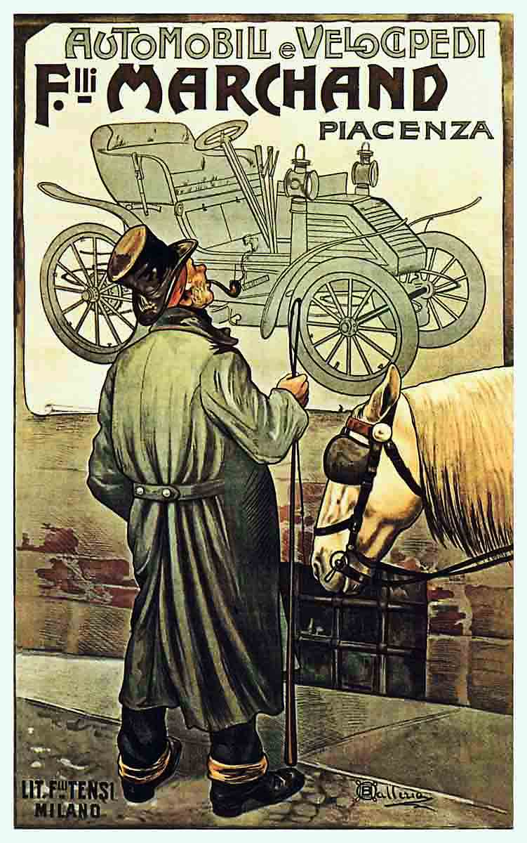A vintage poster reproduction featuring an illustration of a man with a pipe and a horse-drawn carriage, with the text 'F.lli Marchand Automobili e Velocipedi' and the signature of Ballarini at the bottom.