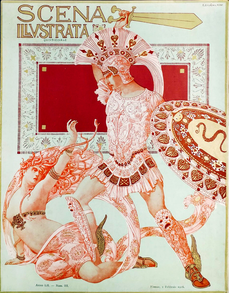 Scena Illustrata February 1916 Vintage Poster Reproduction: Ezio Anichini’s Mythological Warrior in Battle with Intricate Art Nouveau Armor