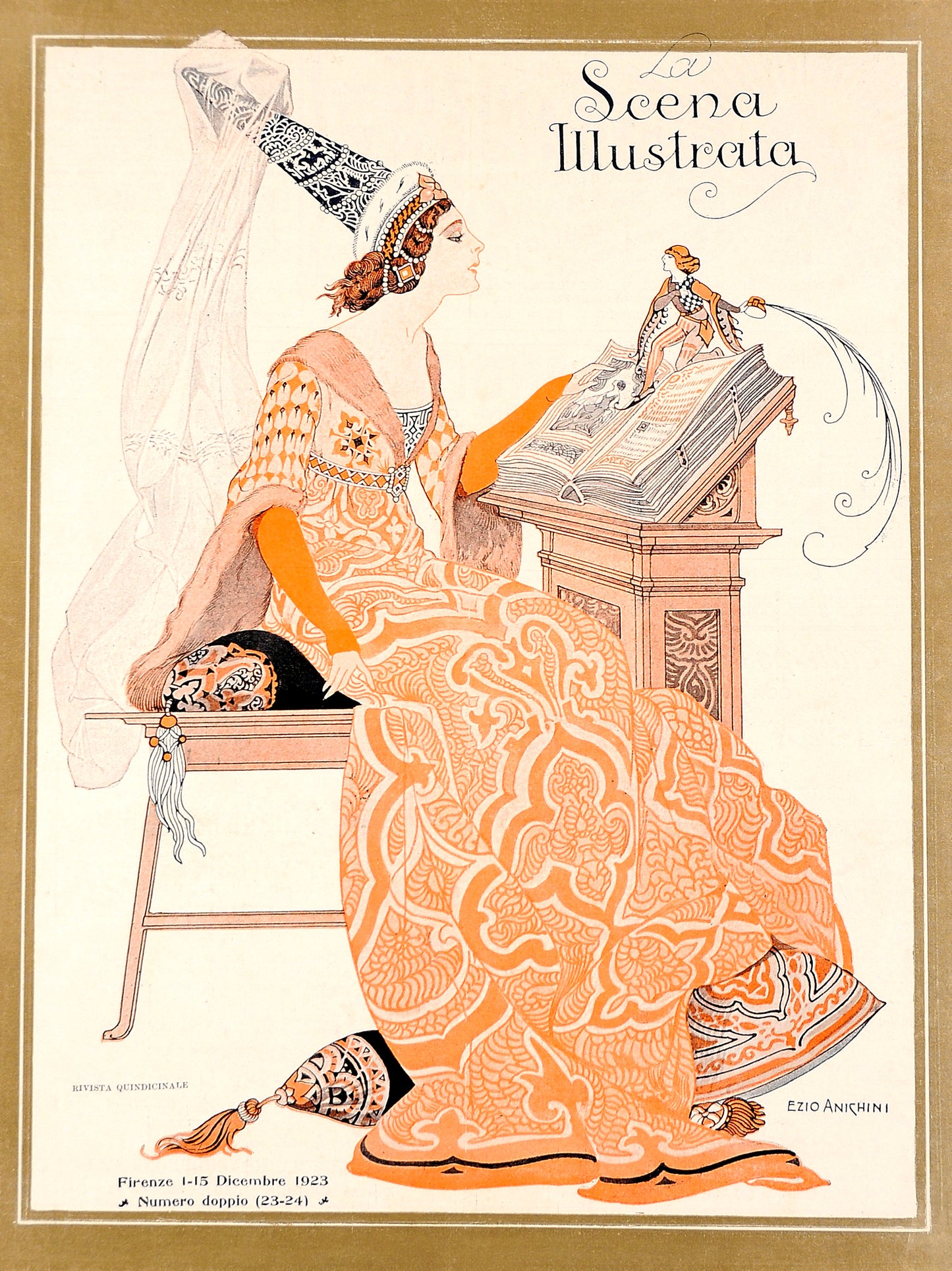 Scena Illustrata December 1923 Vintage Poster Reproduction: Ezio Anichini’s Medieval-Inspired Art Nouveau Noblewoman with Illuminated Manuscript