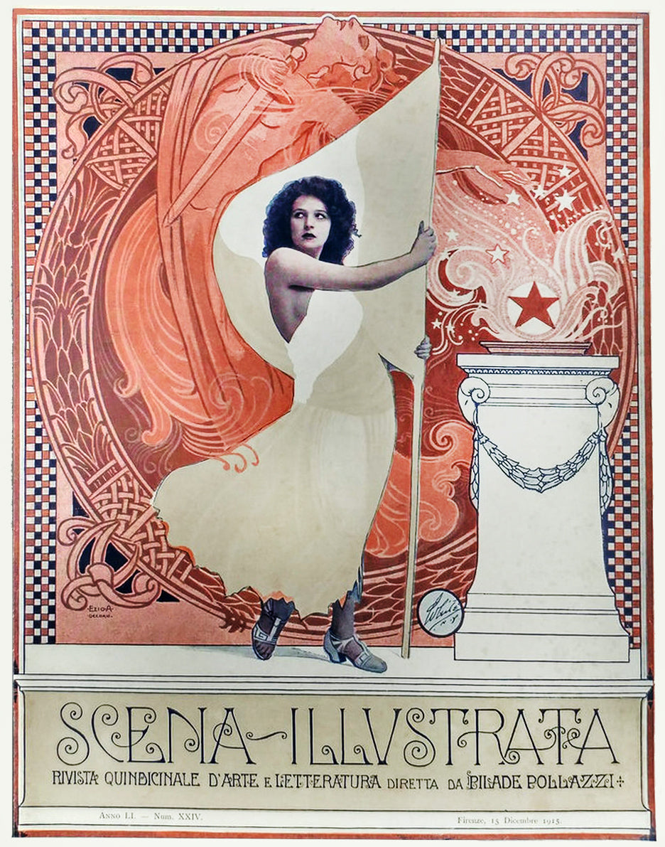 Scena Illustrata December 1915 Vintage Poster Reproduction: Ezio Anichini’s Art Nouveau Woman Unfurling Flag Design