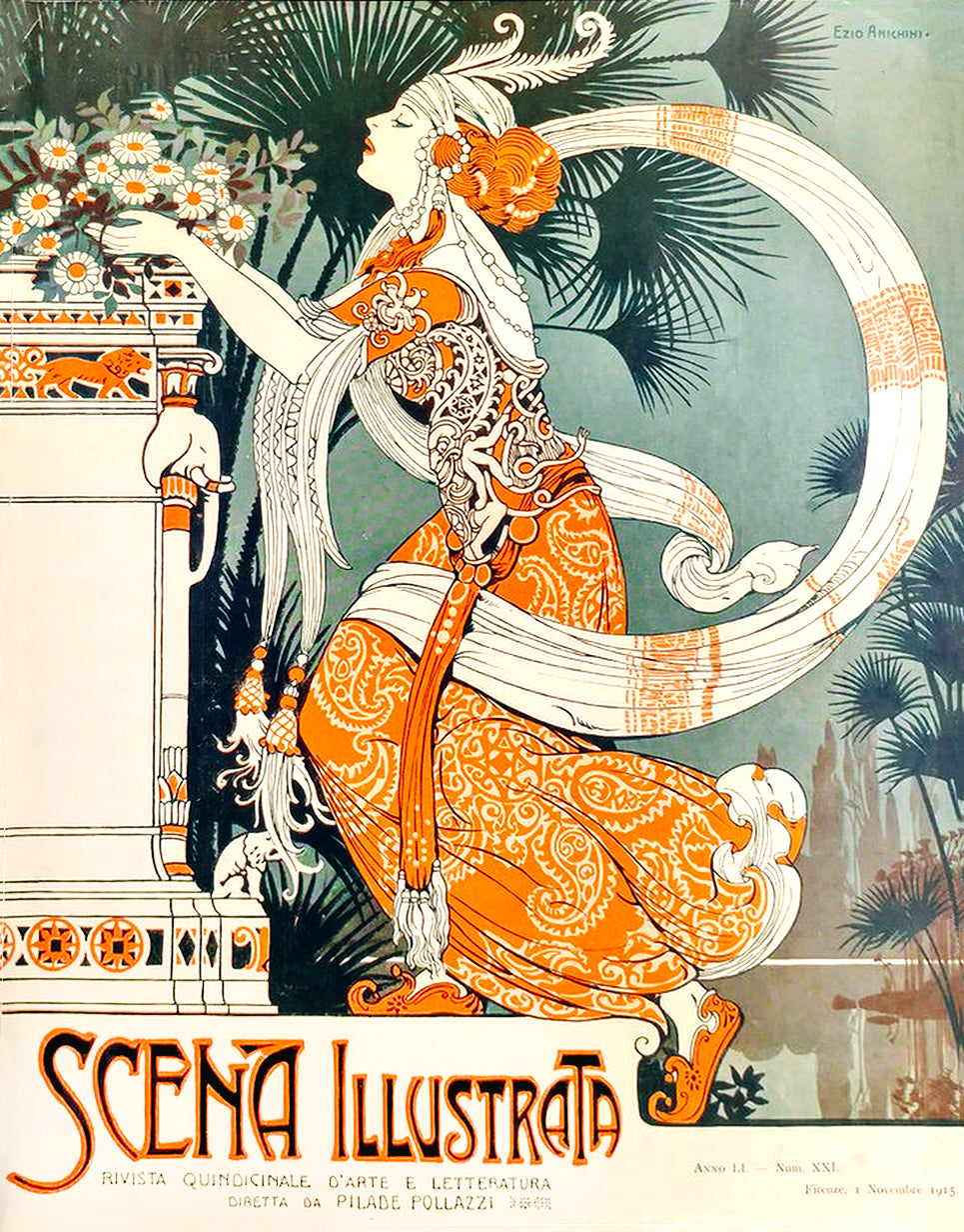 Scena Illustrata November 1915 Vintage Poster Reproduction: Ezio Anichini’s Art Nouveau Offering of Flowers and Serenity"