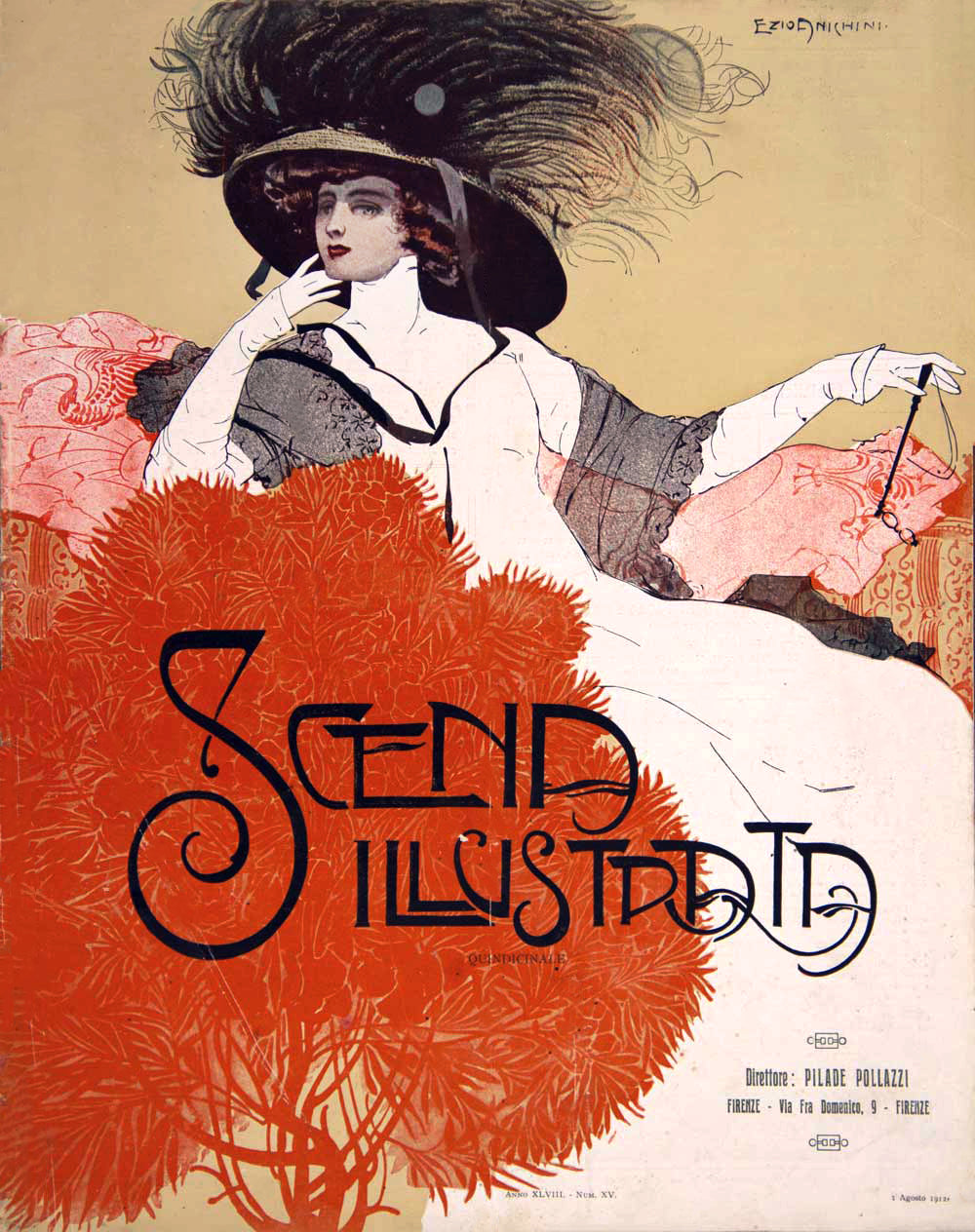 Scena Illustrata August 1912 Vintage Poster Reproduction: Ezio Anichini’s Art Nouveau Aristocratic Woman in Lavish Hat and Red Feather Fan