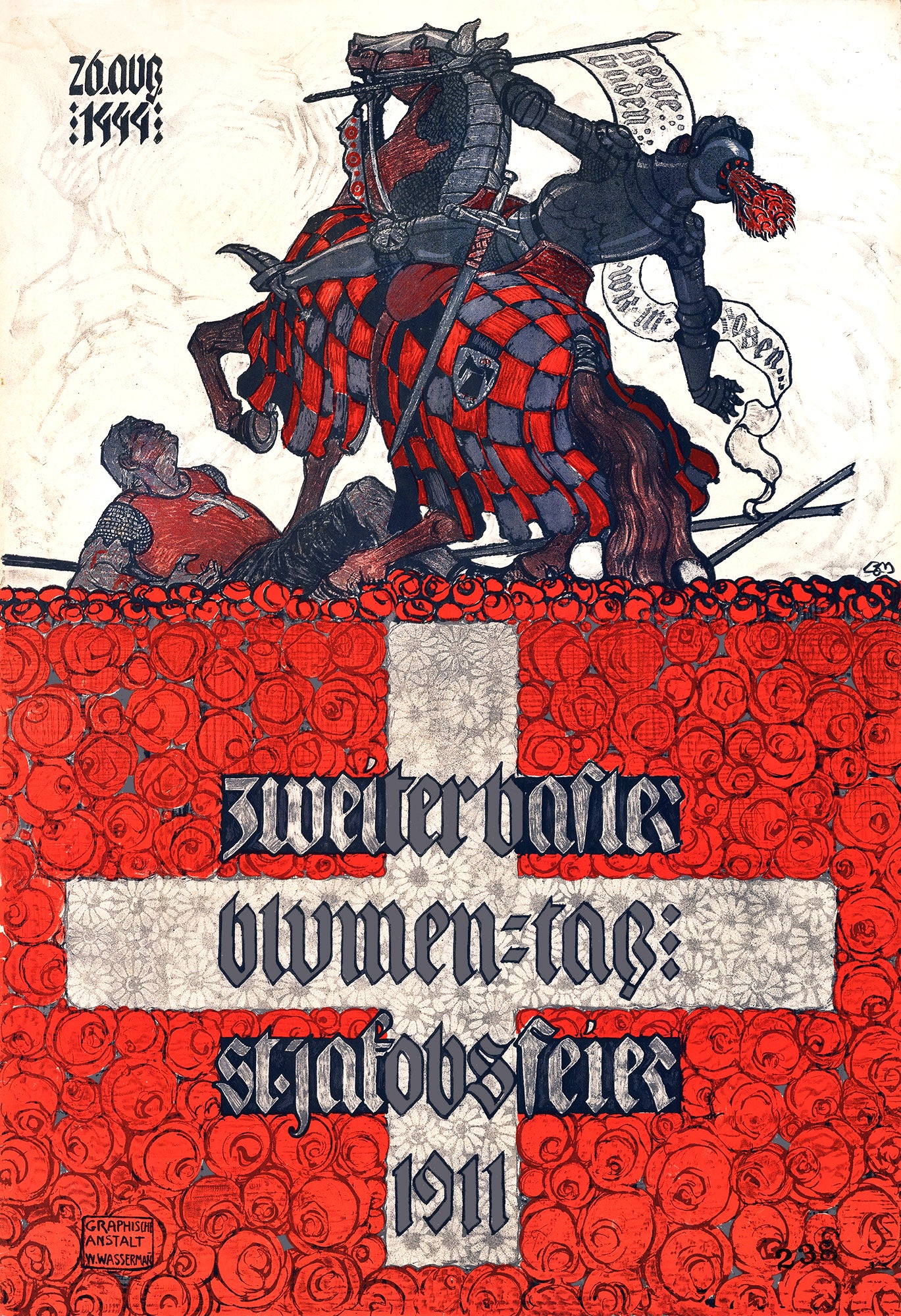St. Jakobfeier 1911 – “Zweiter Basler Blumen-Tag” A Rare Commemorative Swiss Poster of Heroism, Honour, and Red Roses in Battle RE485642