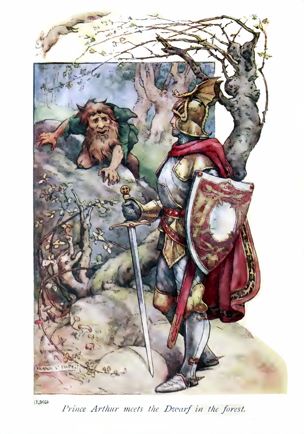 Prince Arthur Meets the Dwarf A Glorious Arthurian Print by Frank C. Papé – Circa 1910 RE028057