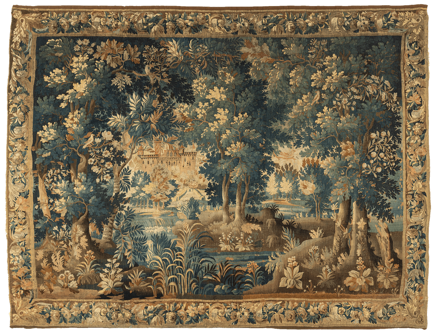 A verdure tapestry featuring a scenic landscape with a river, trees, and a chateau in the distance, bordered by a floral motif.