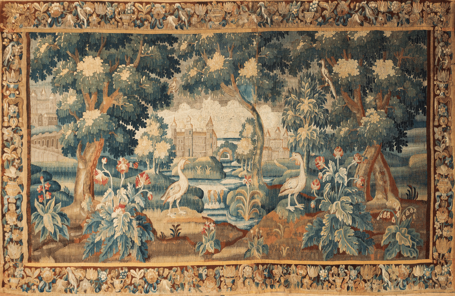 The image presents a detailed woven tapestry featuring a bucolic landscape alive with an array of flora and fauna. Majestic trees with thick foliage in varying shades of green frame a serene scene where elegant swans glide across a blue cascading river, foregrounded by lush flowering plants. In the distance, the tapestry reveals a quaint village with charming houses beside a waterfall, evoking a sense of peaceful rural life.
