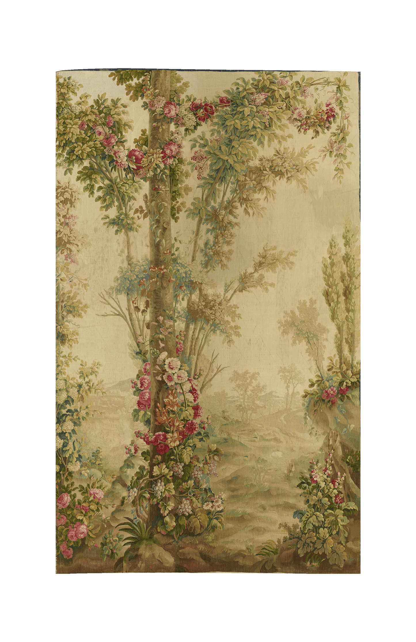 This elegant French Verdure tapestry showcases a lush woodland scene adorned with intricate floral details, capturing the serene beauty of nature. The tapestry features tall, leafy trees intertwined with blooming flowers in soft hues of pink, green, and cream.
