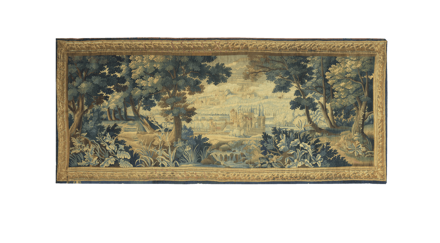 This magnificent verdure tapestry, meticulously crafted in the tradition of 17th-century European art, is a stunning portrayal of a lush, idyllic landscape. Verdure, which translates to "greenery," is the hallmark of this tapestry style, and this piece captures the essence of that tradition with its intricate depictions of trees, foliage, and distant architecture. The scene is brought to life with a palette of rich greens, soft blues, and earth tones, inviting the viewer into a tranquil, almost pastoral wor