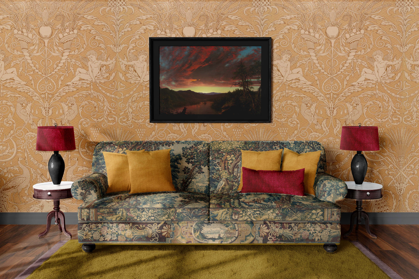 Living room with patterned sofa, decorative pillows, and wall art.