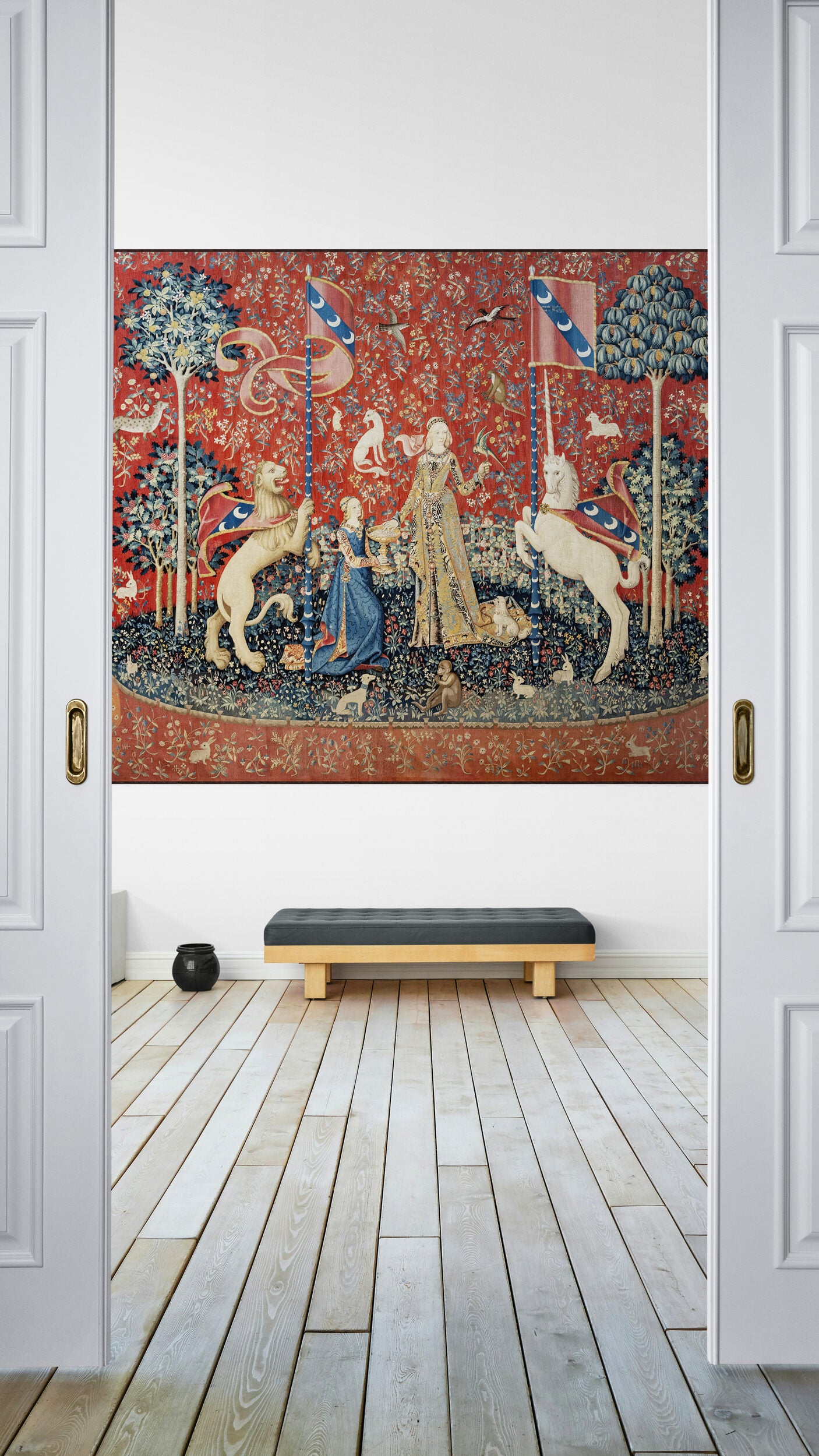 A True Renaissances: Medieval Tapestry Reproduction Fabric Print or Woven Tapestry Option Lady and the Unicorn "Taste" RE623687