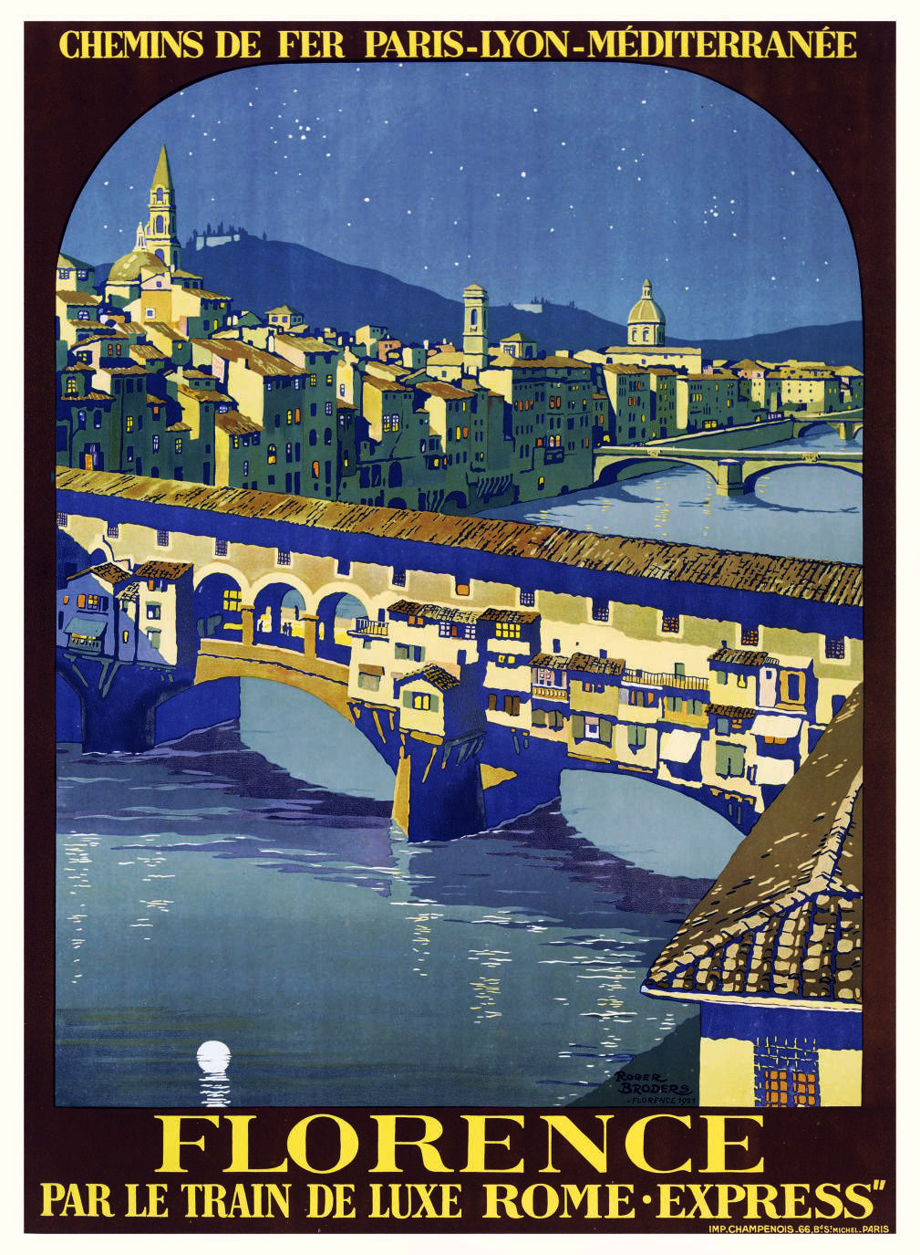 A vintage travel poster featuring the city of Florence with a depiction of the Ponte Vecchio bridge and the surrounding area at night, under a blue moonlit sky, with the text 'Florence' and 'Paris-Lyon-Méditerranèe Rome Express'.