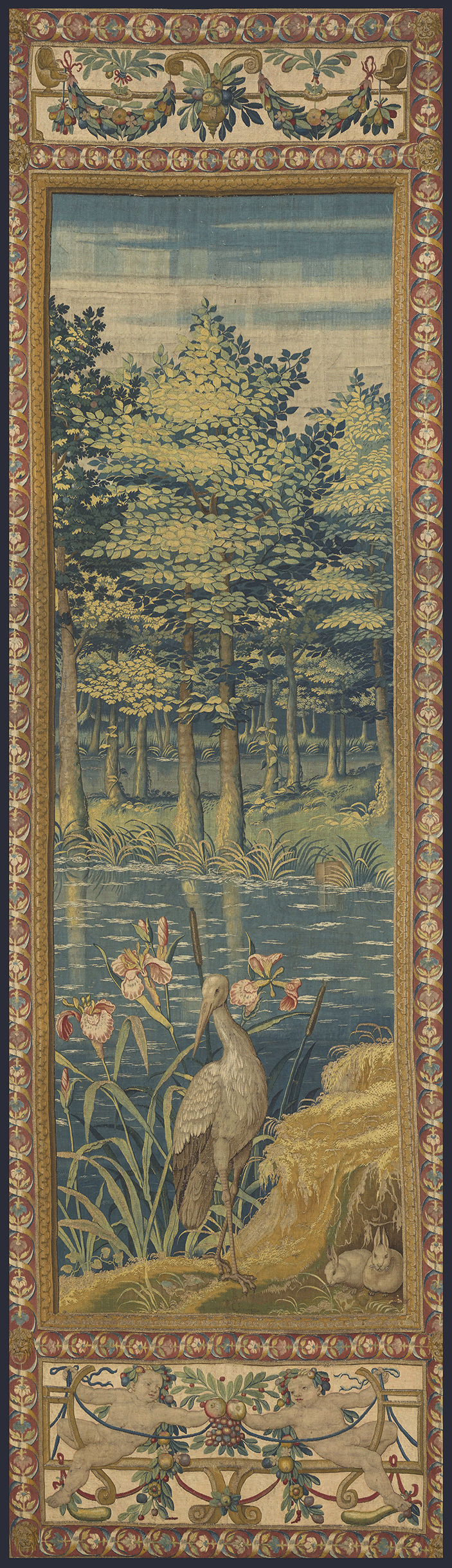 Gorgeous Verdure Stork and Rabbits Designed Around Year 1500 Woven Tapestry or Cotton Fabric Print Option RE974234