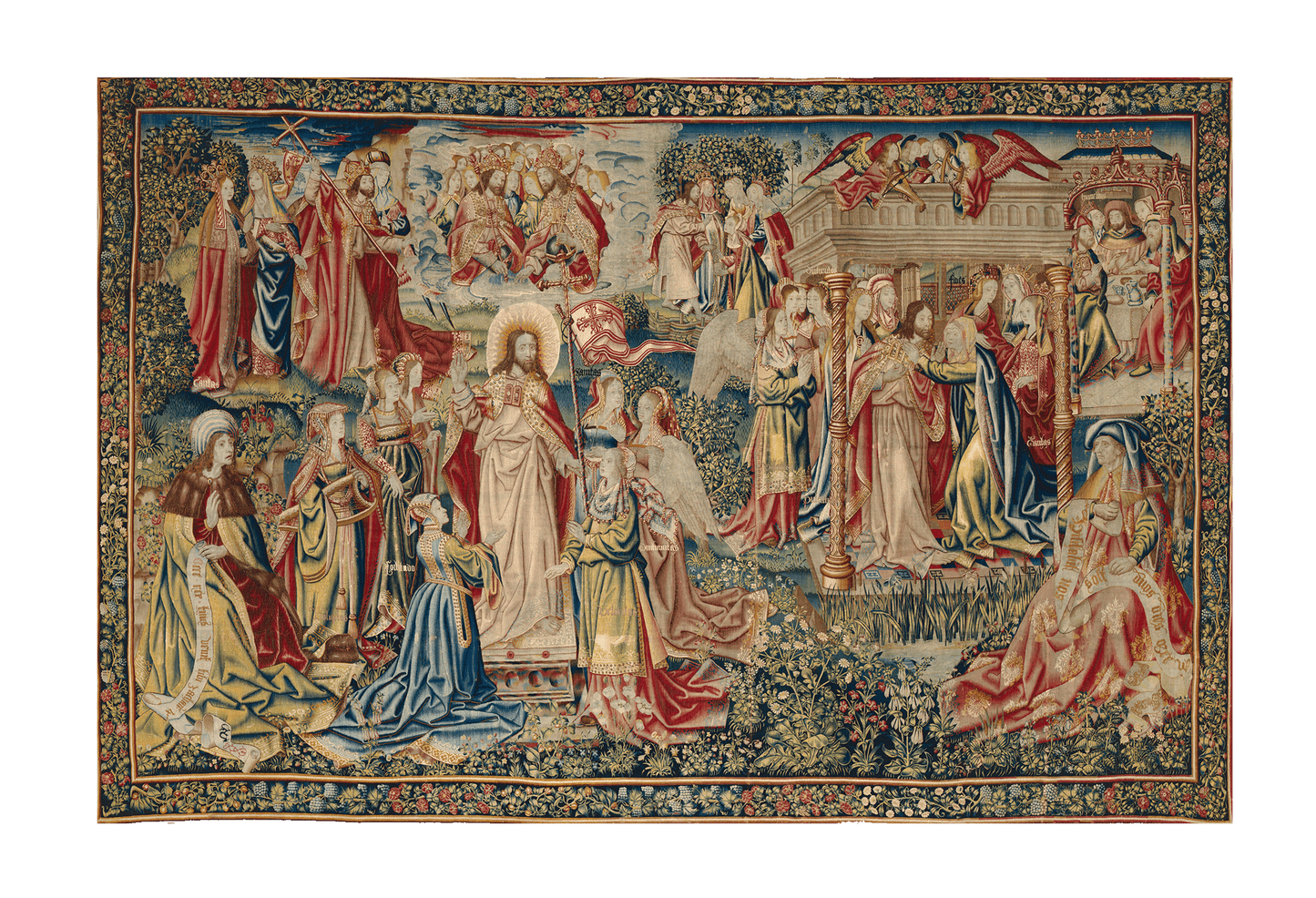 A tapestry featuring a scene of the resurrection with figures of Christ and other religious figures, set against a richly detailed floral border.