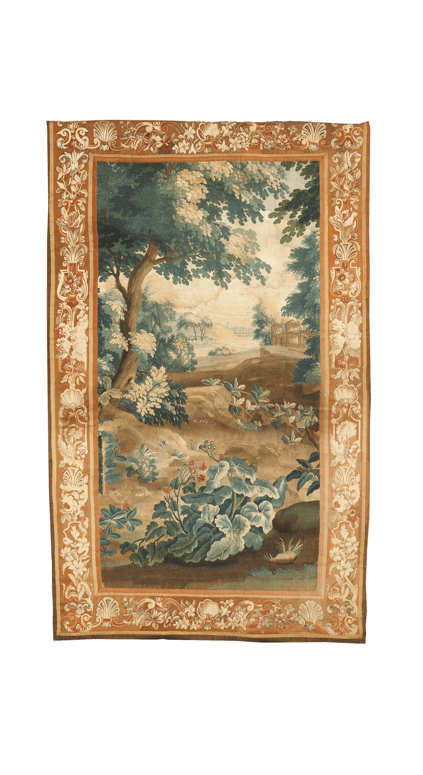 A pastoral scene depicted on a tapestry with a green and gold frame, featuring trees and foliage.