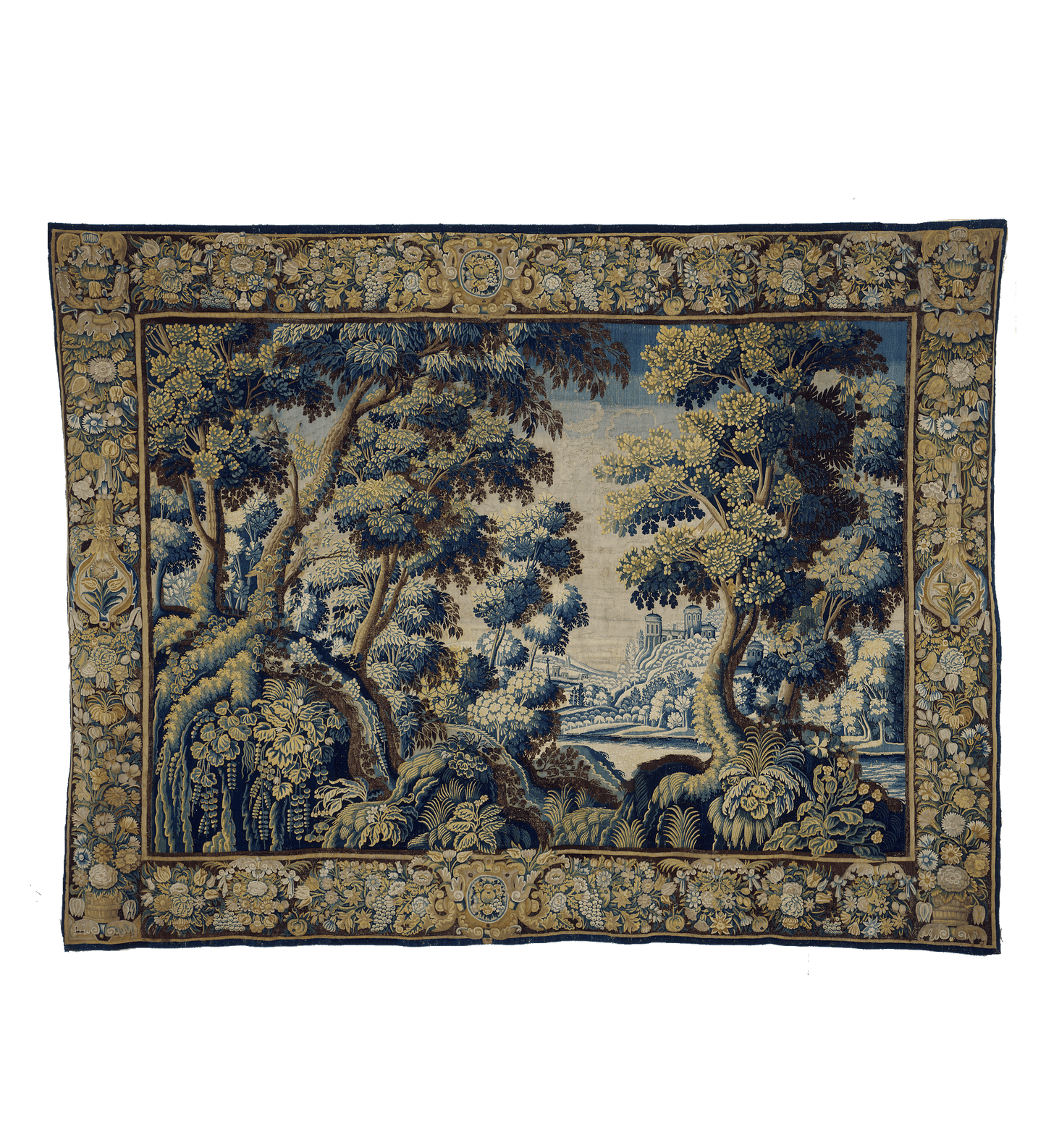 Autumn's Whisper: 18th Century Verdure Tapestry with Lush Foliage and Scenic Vista RE278072