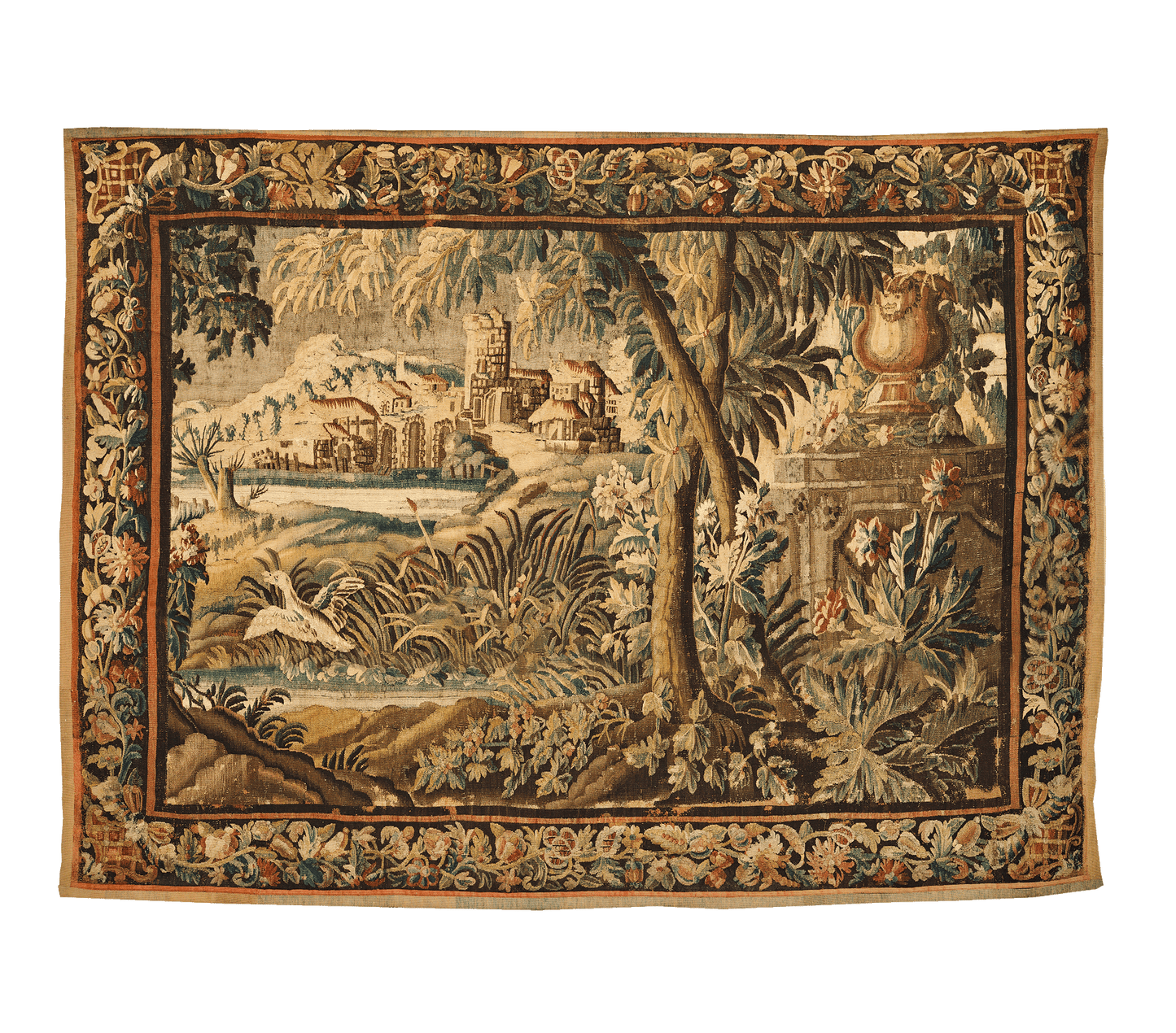 18th Century Chinoiserie Verdure Tapestry Featuring Idyllic Landscape with Castle and Exotic Birds RE604081