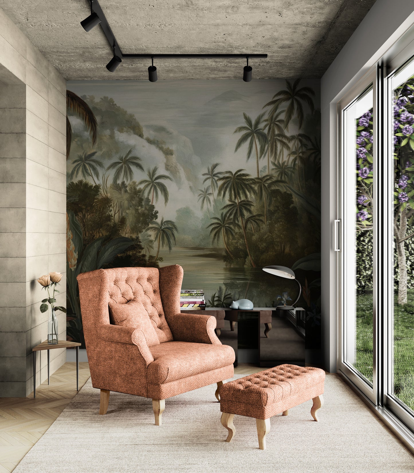 Victorian Tropical Adventure Panoramic Wallfabric: A Serene Landscape of Palm Trees, Misty Mountains, and Lush Greenery RE170305