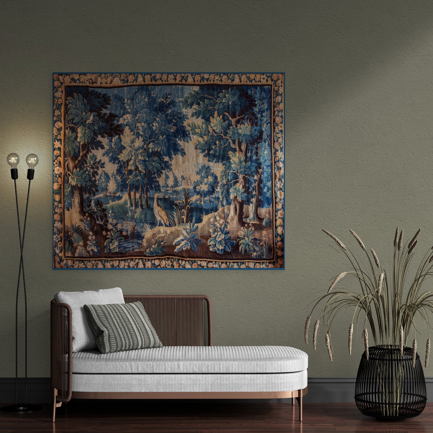 Beautiful Elegant Golden Copper and Prussian Blues Verdure Tapestry RE971559