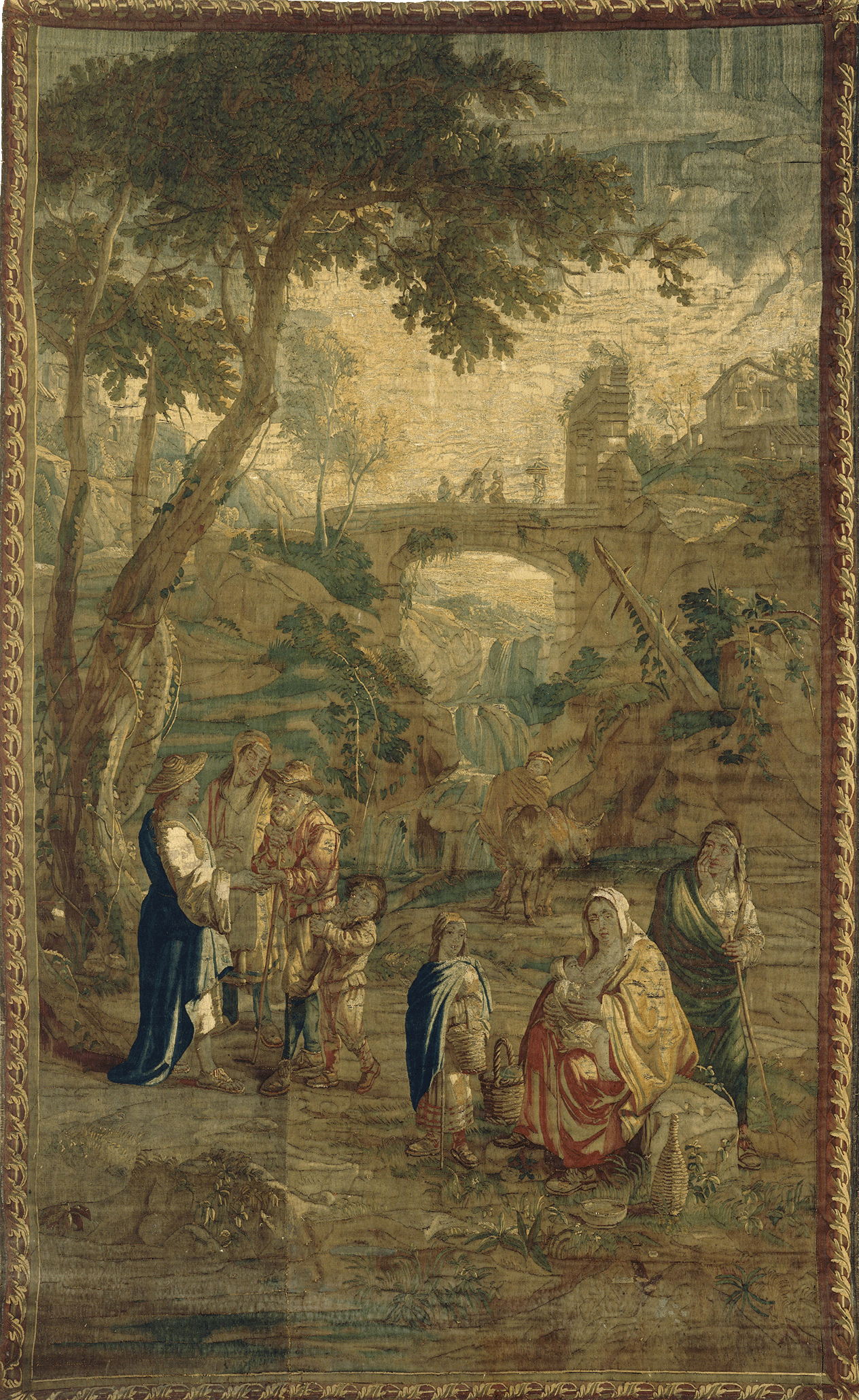 17th Century Pastoral Scene Tapestry Reproduction: A Serene Village Gathering by a Waterfall and Stone Bridge in a Verdant Countryside RE175696