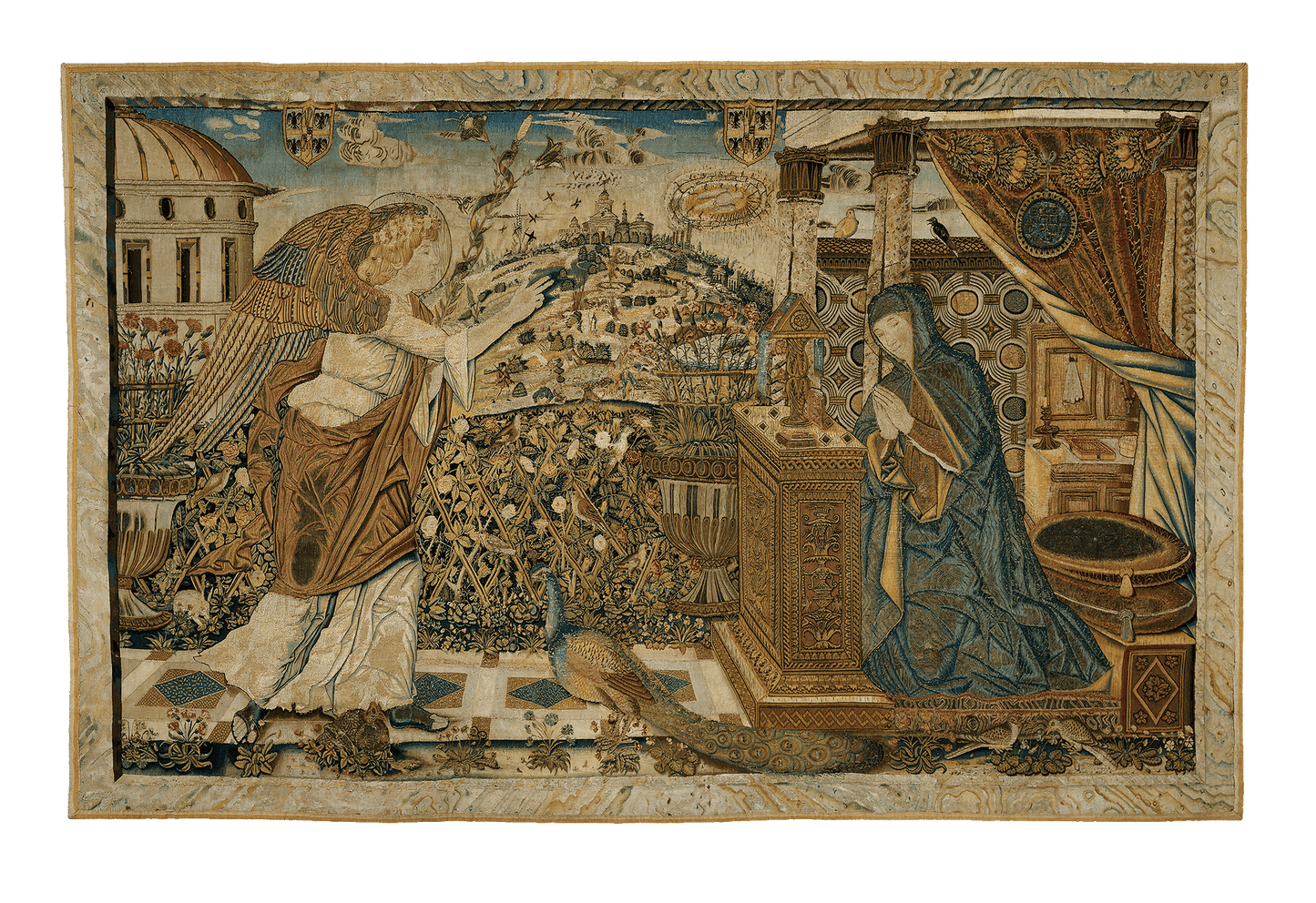 Renaissance Divine Revelation Tapestry: Exquisite Depiction of Angelic Visitation, Rich with Intricate Detail and Spiritual Beauty RE638053