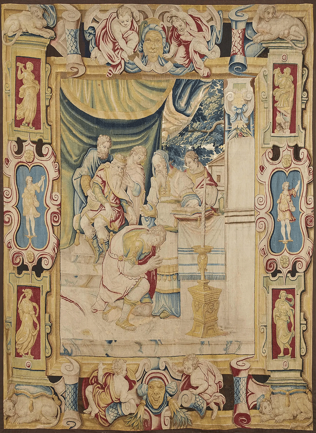 Renaissance Court of Wisdom Grotesque Tapestry Reproduction — Classical Royal Audience Wall Hanging with Architectural Columns, Putti and Mythological Ornament RE856823