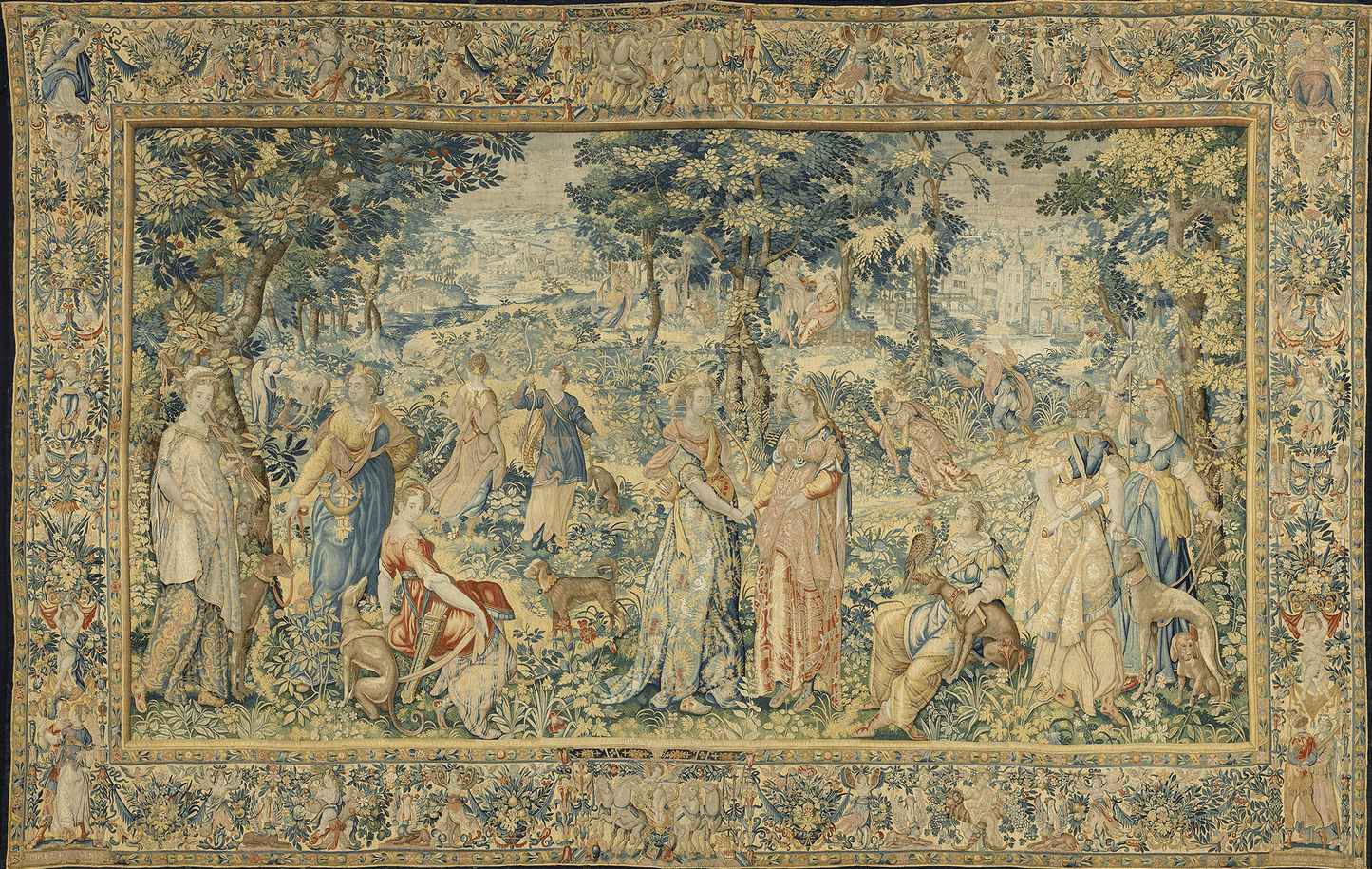 17th Century Tapestry Reproduction: An Exquisite Verdure Depicting a Noble Hunting Scene with Intricate Forest Detailing and Renaissance Figures RE529427