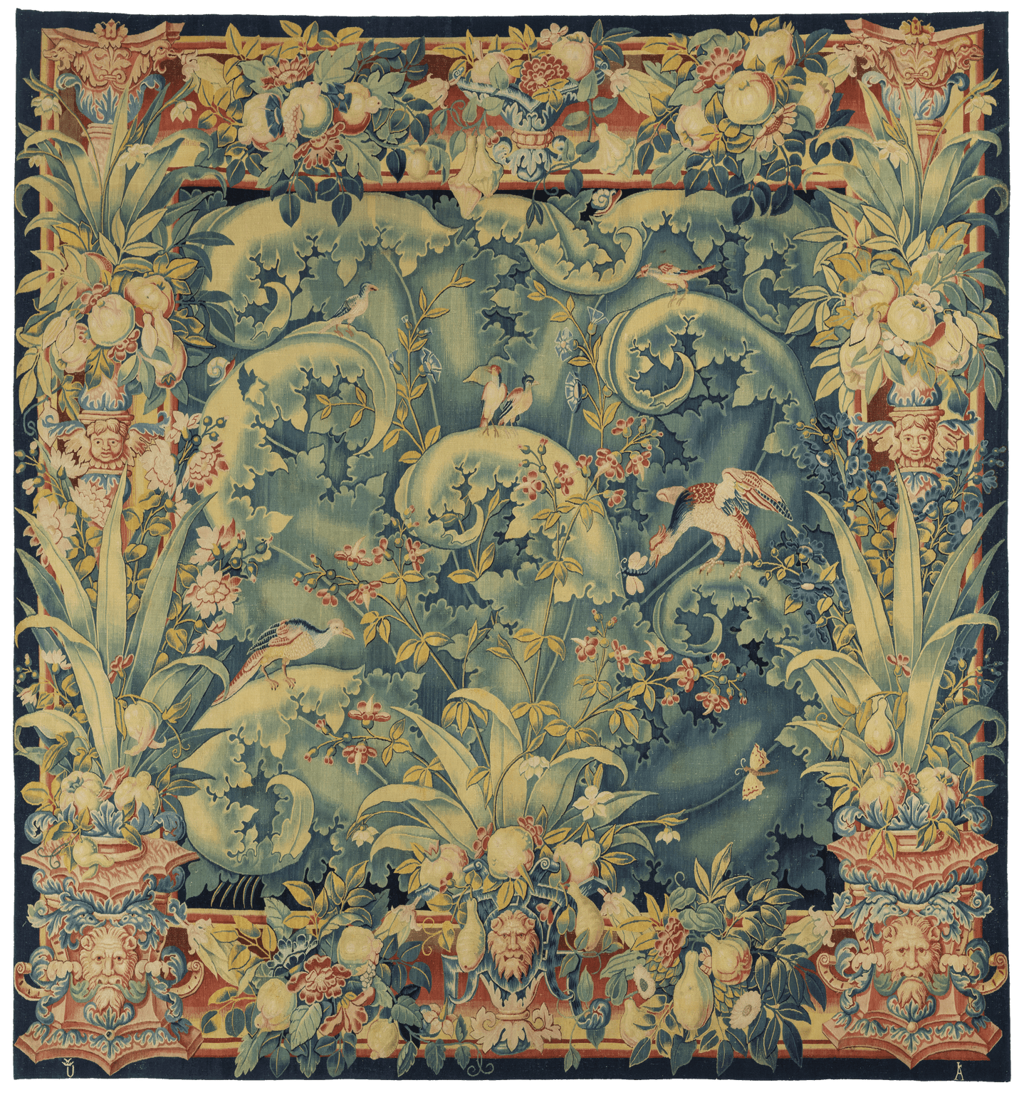 Exquisite 18th Century Large Leaf Verdure Tapestry with Intricate Floral and Bird Motifs, Ideal for Antique Home Decor RE016896