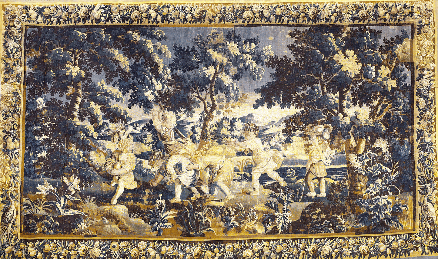 Enchanted Pastoral Symphony: 17th-Century French Verdure Tapestry with Playful Pastoral Scenes Verdure Tapestry Woven or Fabric Print Options RE296753