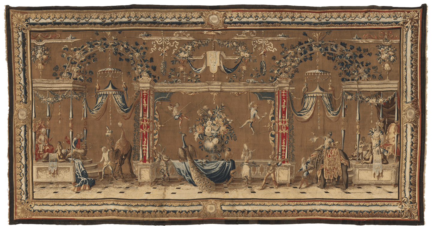 Opulent 18th-Century French Tapestry: Lavish Court Scene with Exotic Animals and Regal Figures - A Masterpiece of Aristocratic Splendor RE357235