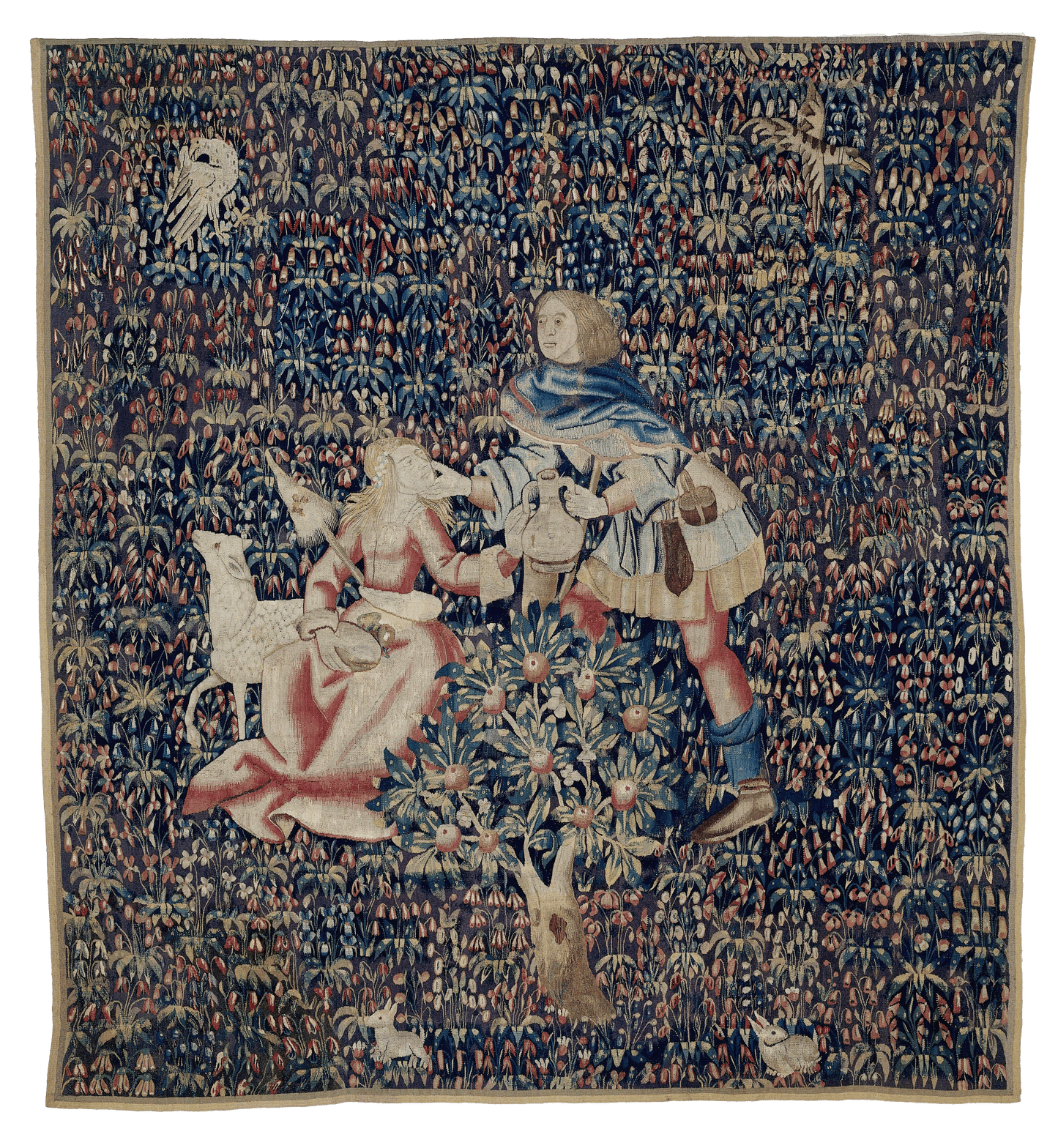 Medieval Lovers Tapestry with Pastoral Millefleur Scene and Animal Motifs 15th Century RE423617