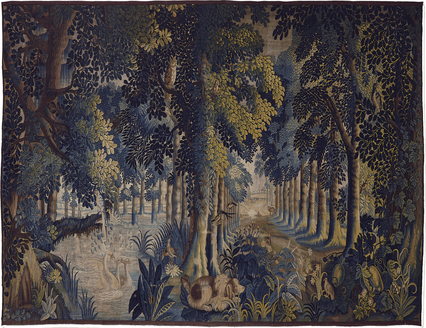 A tapestry depicting a serene forest scene with a central pathway, surrounded by trees and a blue sky.