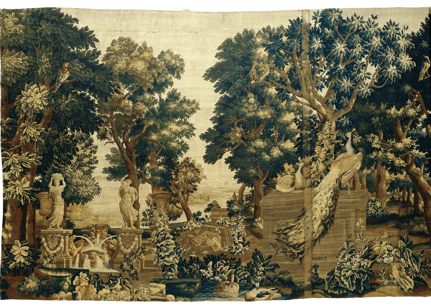 Magnificent 17th-Century Flemish Tapestry: Verdant Forest Scene with Classical Statues and Exotic Birds - A Celebration of Nature and Artistry RE563867