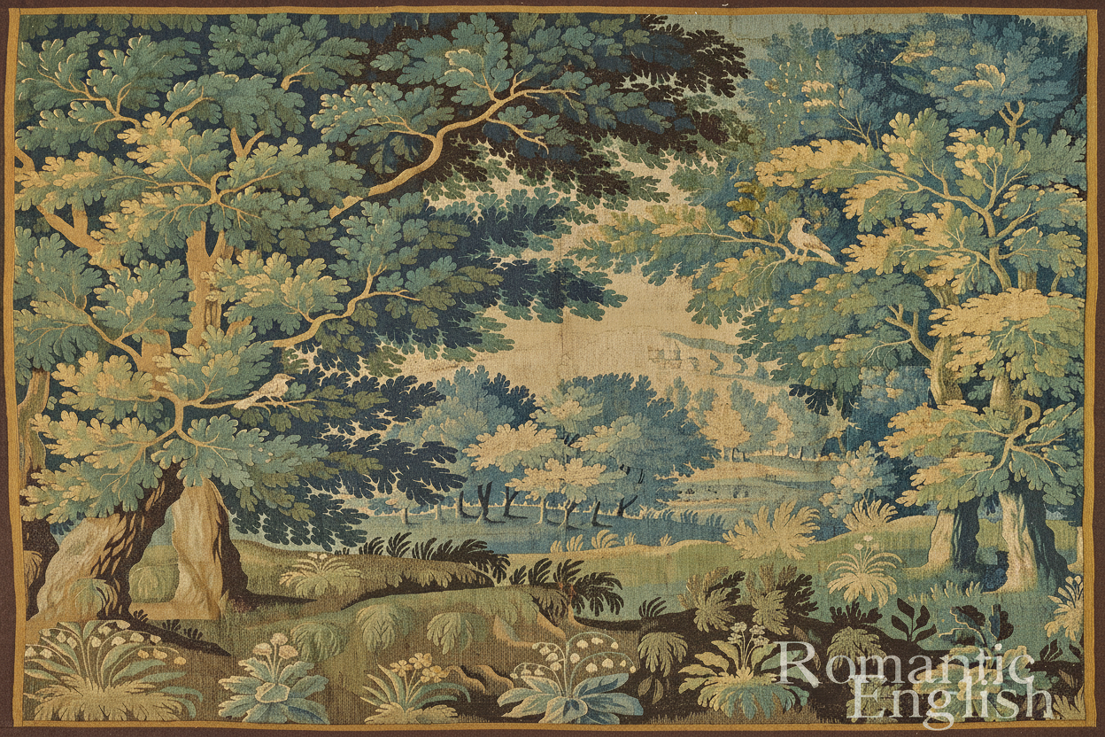 A tapestry depicting a serene forest scene with detailed trees and floral elements, rendered in a vibrant color palette.