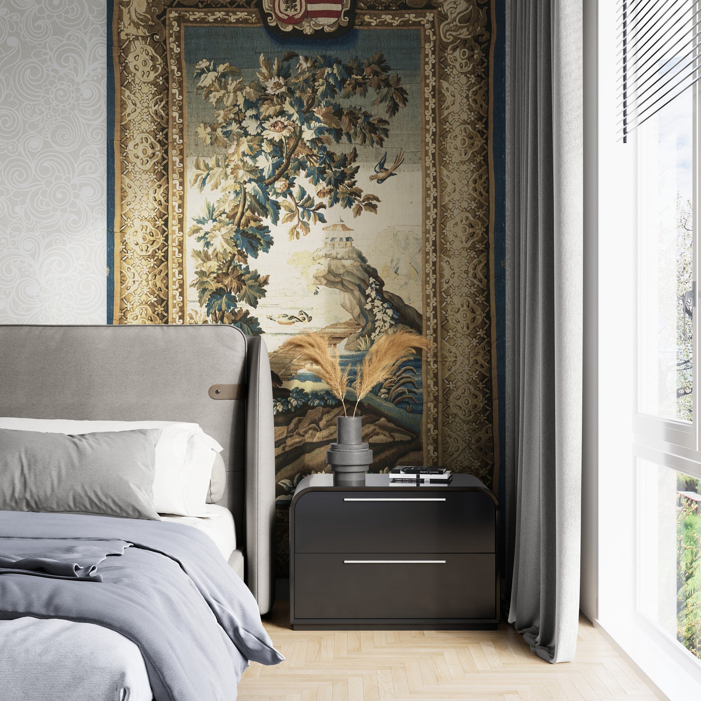 17th-Century Verdure Tapestry with River Scene and Noble Crest: A Masterpiece of Nature and Heraldry RE273445