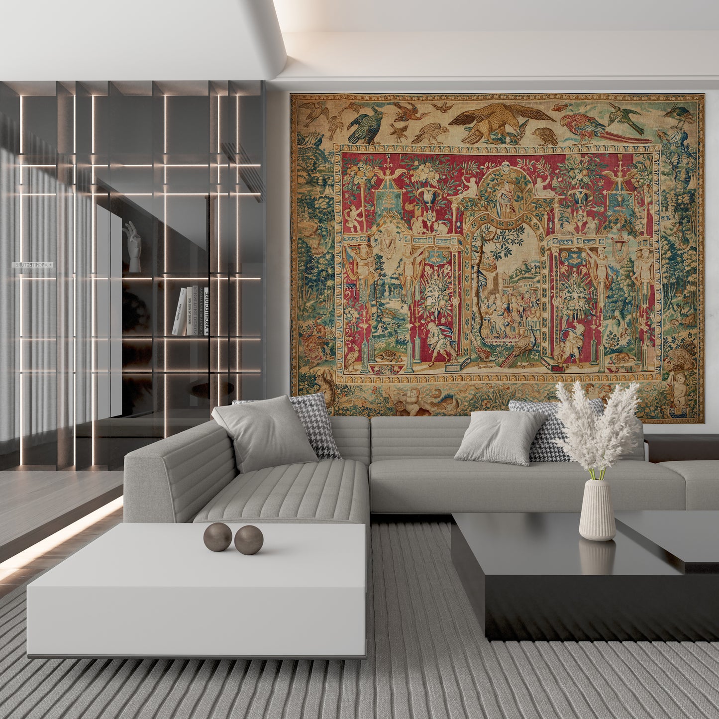 The Theatre of Birds Tapestry Reproduction — A Magnificent Flemish Renaissance Grotesques Masterpiece After Joost van Herzeele RE196681