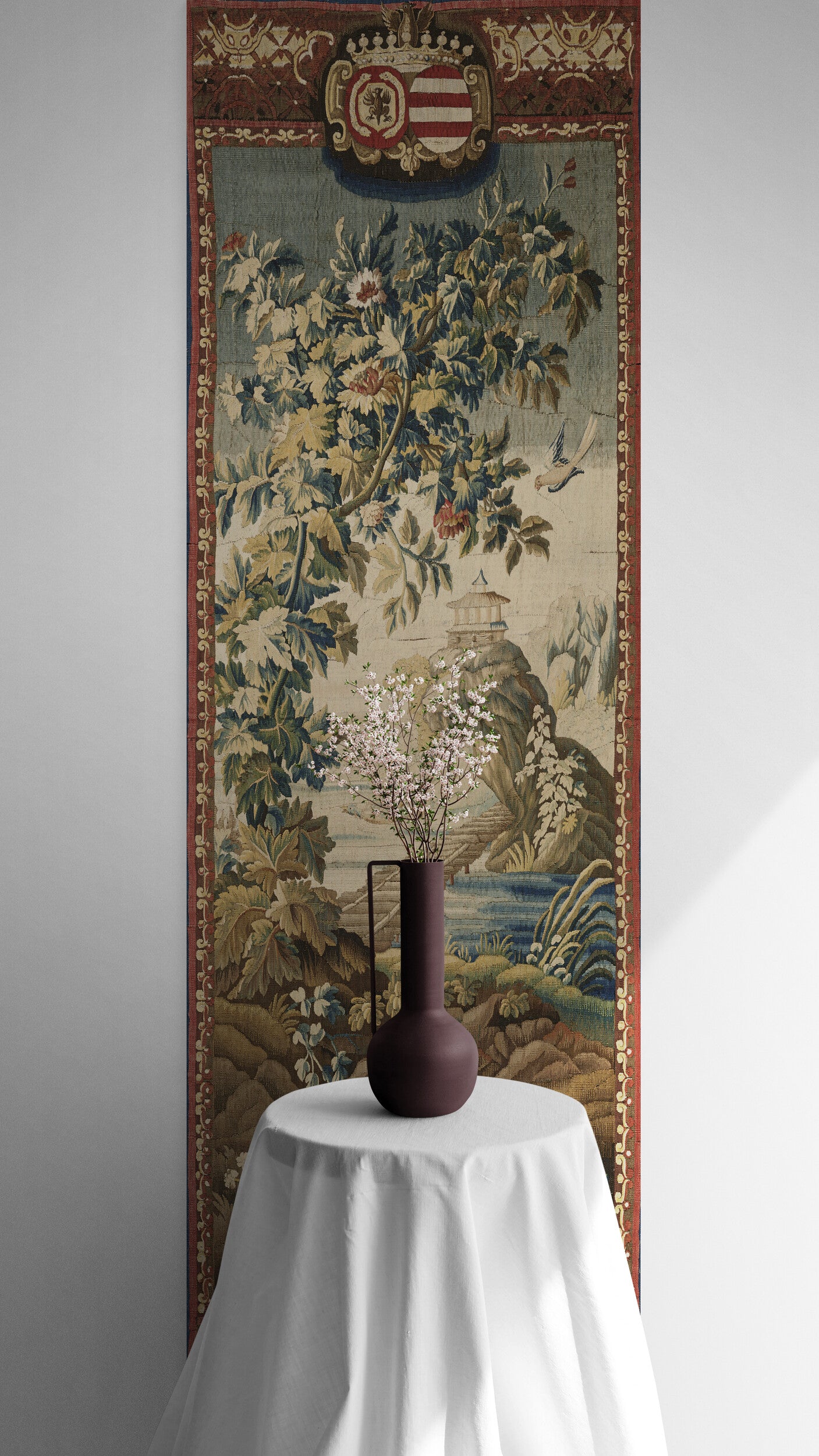 Exquisite Verdure Tapestry with Noble Crest and Exotic Pagoda: A 17th-Century Masterwork of Nature and Elegance RE888217