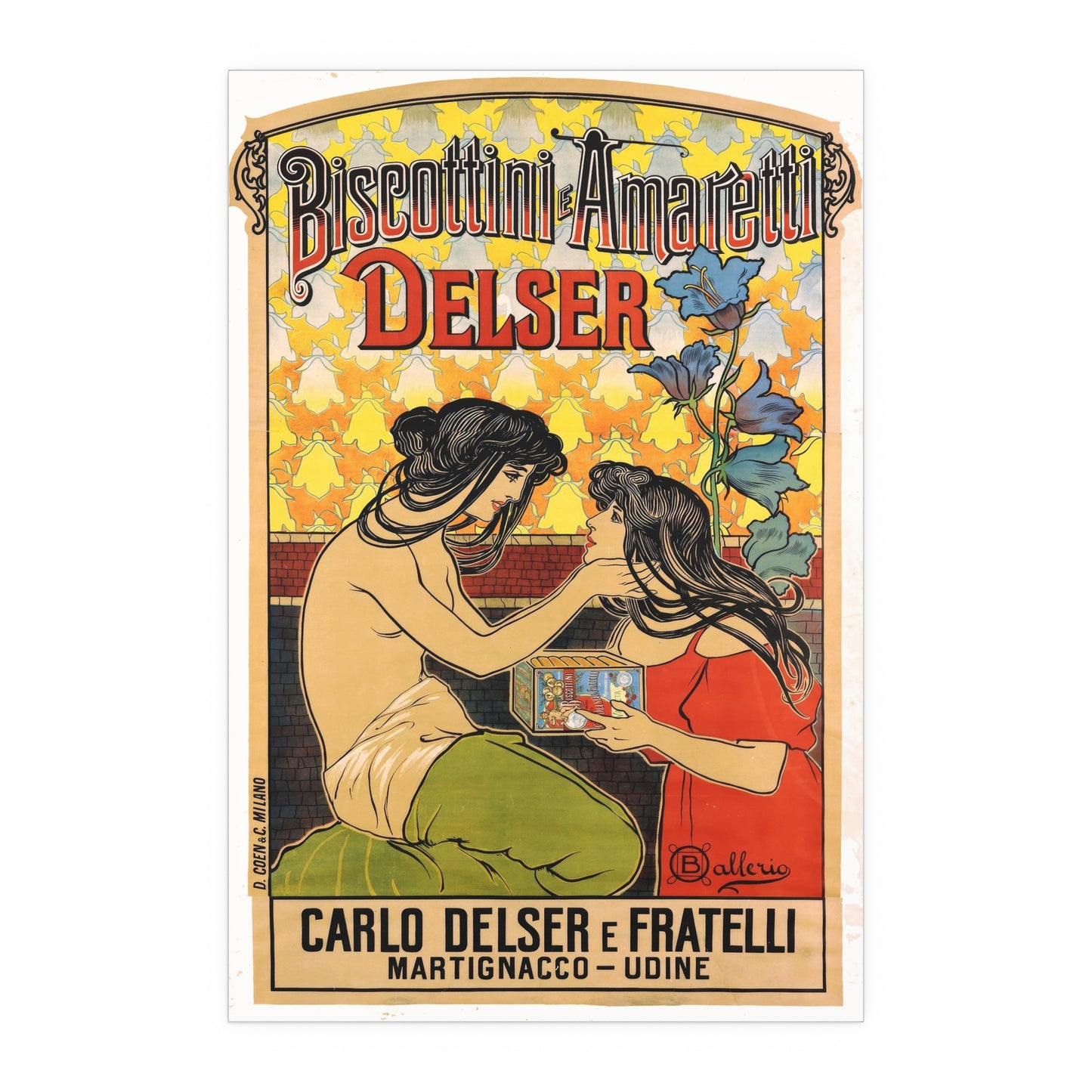 Vintage Poster Reproduction: Biscottini e Amaretti Delser Advertisement – Early 1900s Italian Art Nouveau Poster by Ballerio Featuring Delicate Floral Motifs and Elegantly Draped Figures RE903064VP