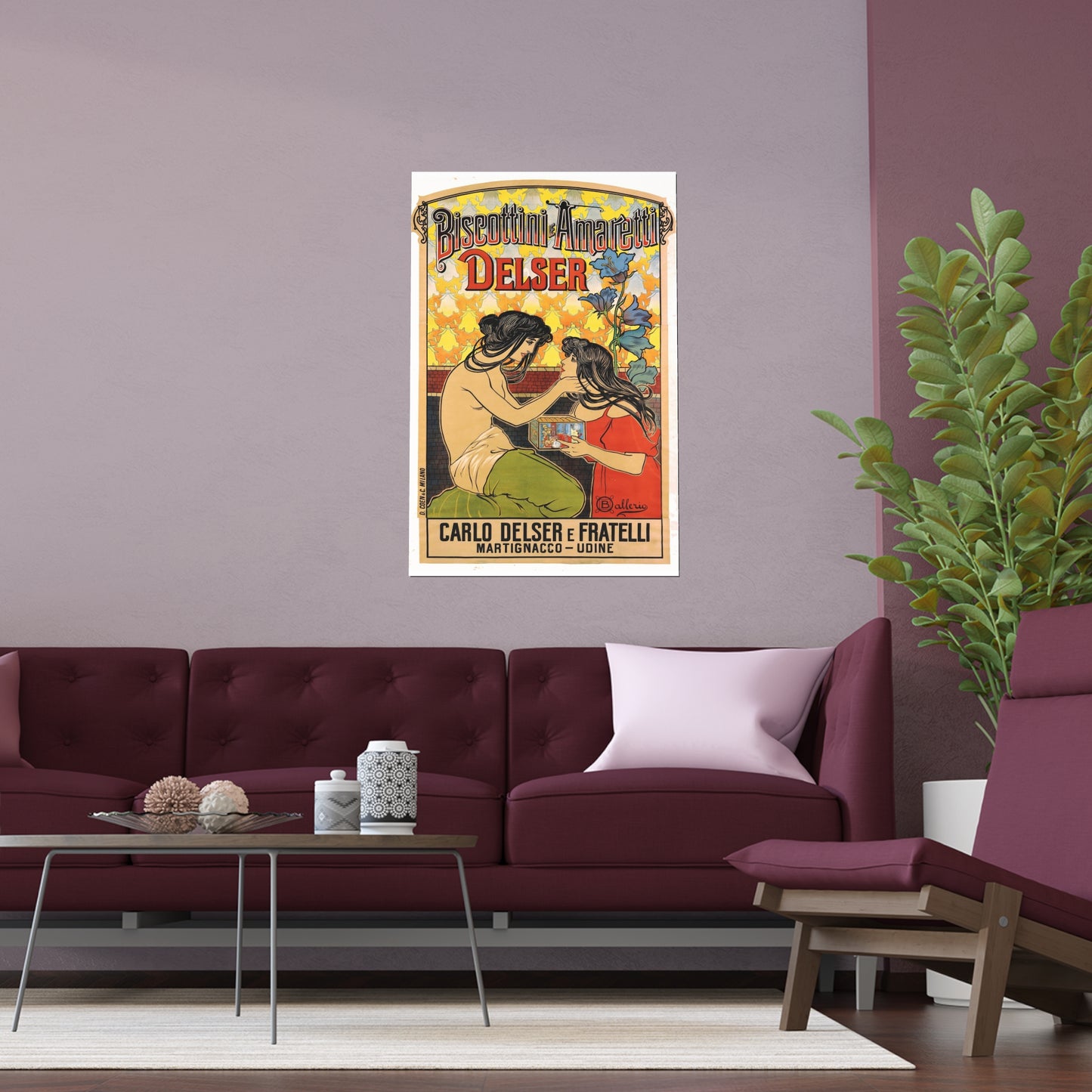 Vintage Poster Reproduction: Biscottini e Amaretti Delser Advertisement – Early 1900s Italian Art Nouveau Poster by Ballerio Featuring Delicate Floral Motifs and Elegantly Draped Figures RE903064VP