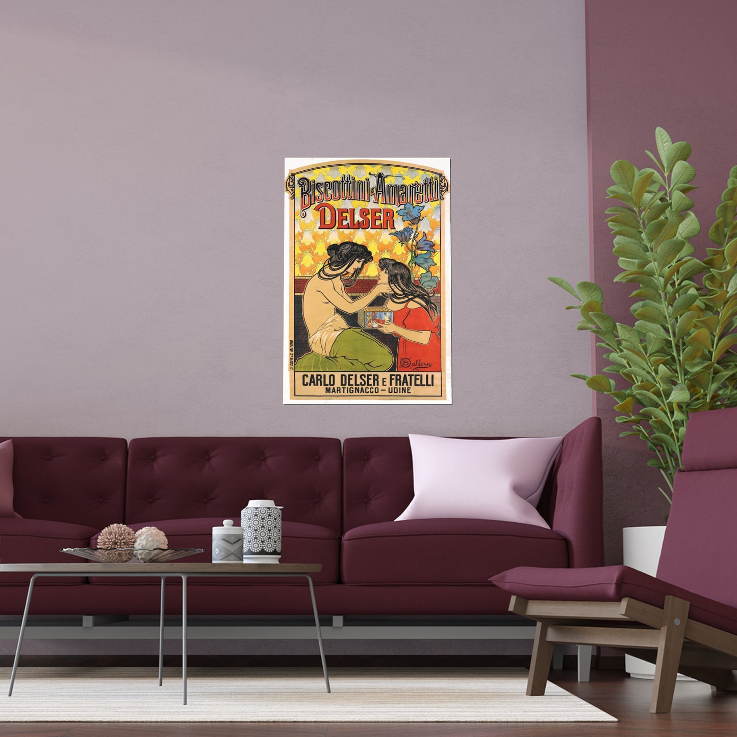 Vintage Poster Reproduction: Biscottini e Amaretti Delser Advertisement – Early 1900s Italian Art Nouveau Poster by Ballerio Featuring Delicate Floral Motifs and Elegantly Draped Figures RE903064VP