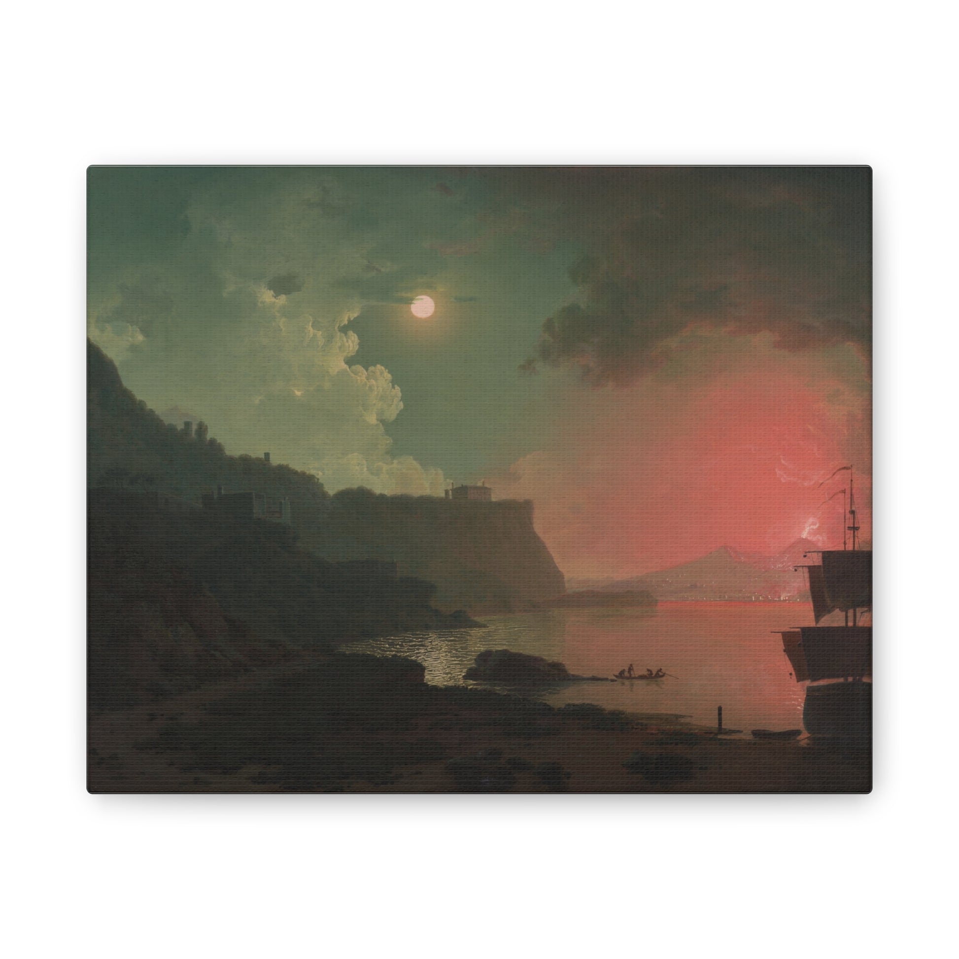 Landscape with a sunset over a body of water and a building on a cliff.