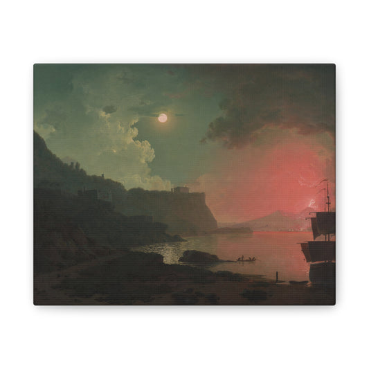 Landscape with a sunset over a body of water and a building on a cliff.