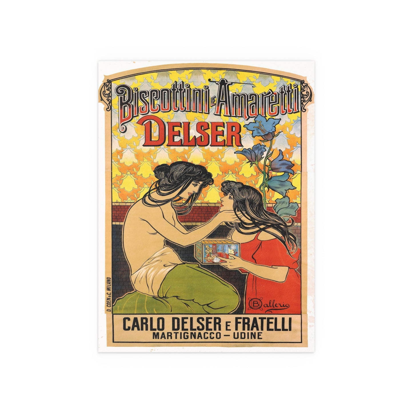 Vintage Poster Reproduction: Biscottini e Amaretti Delser Advertisement – Early 1900s Italian Art Nouveau Poster by Ballerio Featuring Delicate Floral Motifs and Elegantly Draped Figures RE903064VP