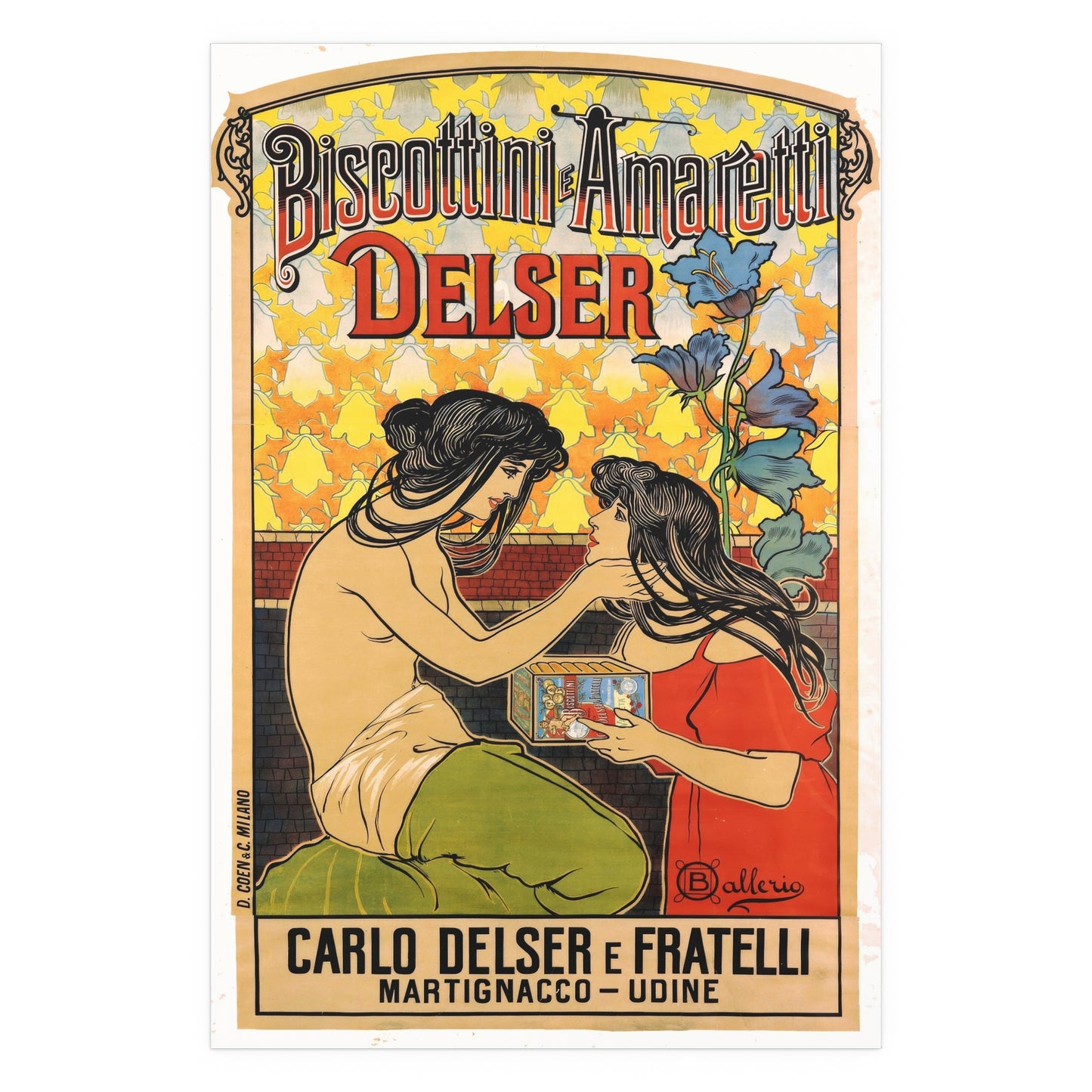 Vintage Poster Reproduction: Biscottini e Amaretti Delser Advertisement – Early 1900s Italian Art Nouveau Poster by Ballerio Featuring Delicate Floral Motifs and Elegantly Draped Figures RE903064VP