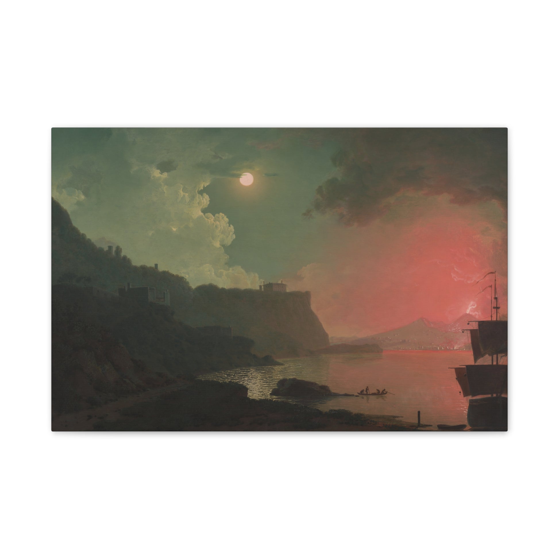 Landscape painting of a moonlit night with a ship and cliffs.
