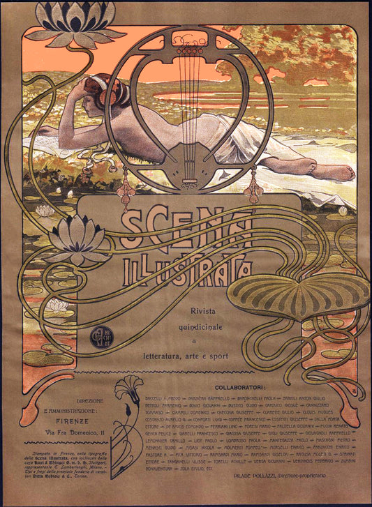 Scena Illustrata Art Nouveau Vintage Poster Reproduction: Ezio Anichini’s Lush Water Lily Scene with Reclining Muse and Decorative Harp Motif