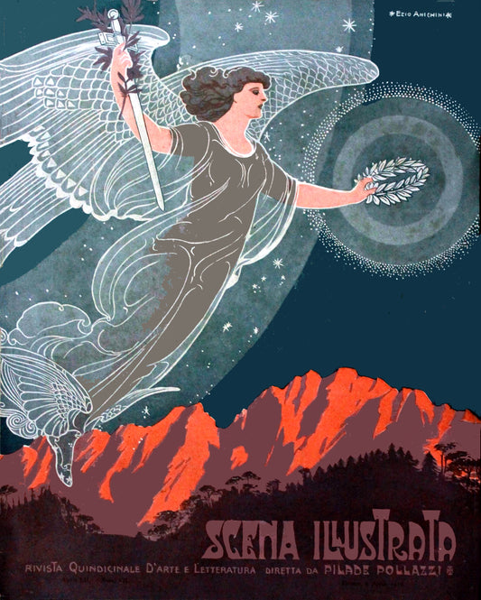 Scena Illustrata April 1915 Vintage Poster Reproduction: Ezio Anichini’s Art Nouveau Angelic Figure with Olive Branch and Fiery Mountains