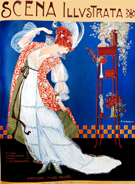 Scena Illustrata January 1915 Vintage Poster Reproduction: Ezio Anichini’s Art Nouveau Noblewoman in Lavish Red and White Gown with Floral Accents