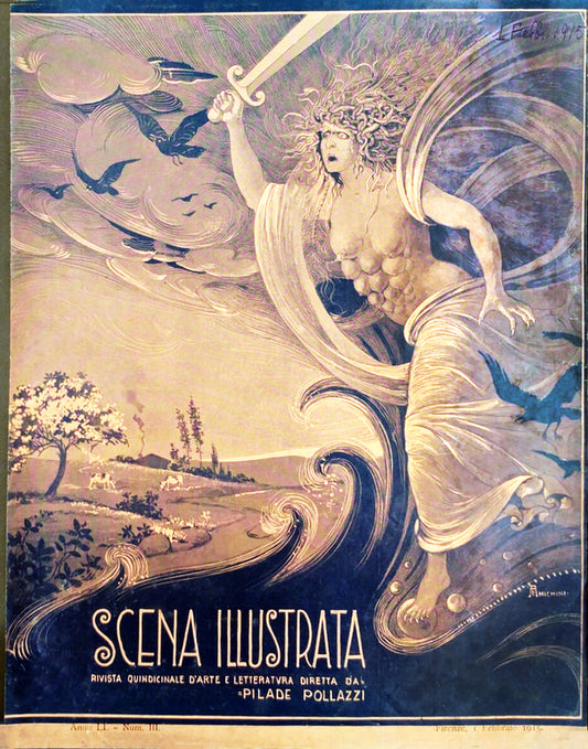Scena Illustrata February 1915 Vintage Poster Reproduction: Ezio Anichini’s Powerful Allegory of War Goddess Wielding a Sword Amidst Stormy Skies