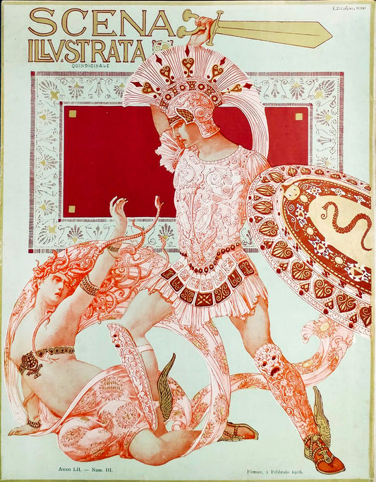 Scena Illustrata February 1916 Vintage Poster Reproduction: Ezio Anichini’s Mythological Warrior in Battle with Intricate Art Nouveau Armor